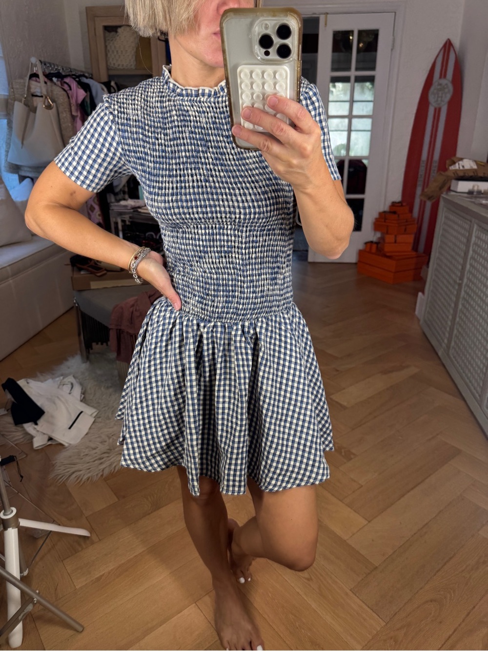 Showpo Blue and White Gingham Smocked Short Sleeve Mini Dress